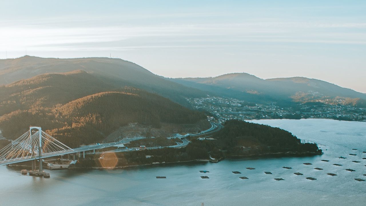 Wallpaper coast, bridge, aerial view, hills, water