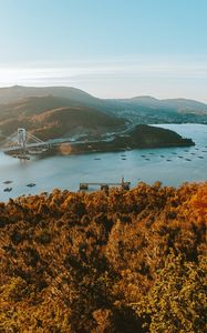 Preview wallpaper coast, bridge, aerial view, hills, water