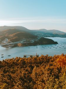 Preview wallpaper coast, bridge, aerial view, hills, water