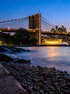 Preview wallpaper coast, bridge, lights, water, twilight