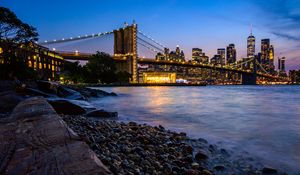 Preview wallpaper coast, bridge, lights, water, twilight