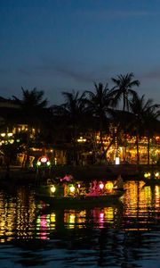 Preview wallpaper coast, buildings, lights, water, boats, dark