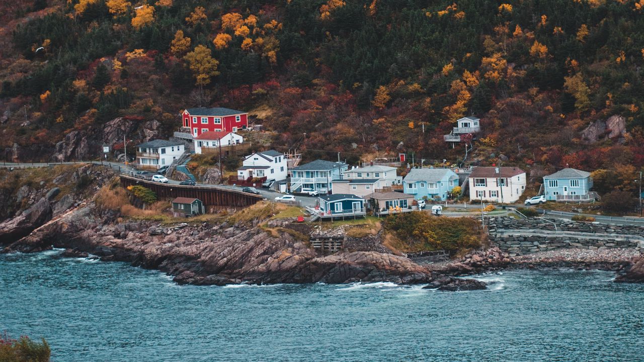 Wallpaper coast, buildings, rock, cliff, slope