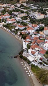 Preview wallpaper coast, buildings, sea, boats, aerial view