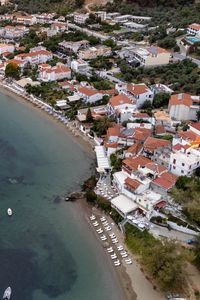 Preview wallpaper coast, buildings, sea, boats, aerial view