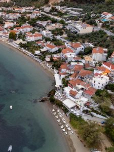 Preview wallpaper coast, buildings, sea, boats, aerial view