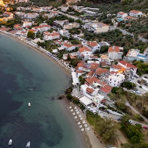 Preview wallpaper coast, buildings, sea, boats, aerial view