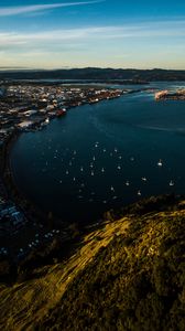 Preview wallpaper coast, city, boats, sea, mountains