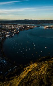 Preview wallpaper coast, city, boats, sea, mountains