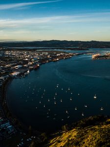 Preview wallpaper coast, city, boats, sea, mountains