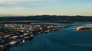 Preview wallpaper coast, city, boats, sea, mountains
