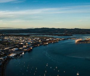 Preview wallpaper coast, city, boats, sea, mountains