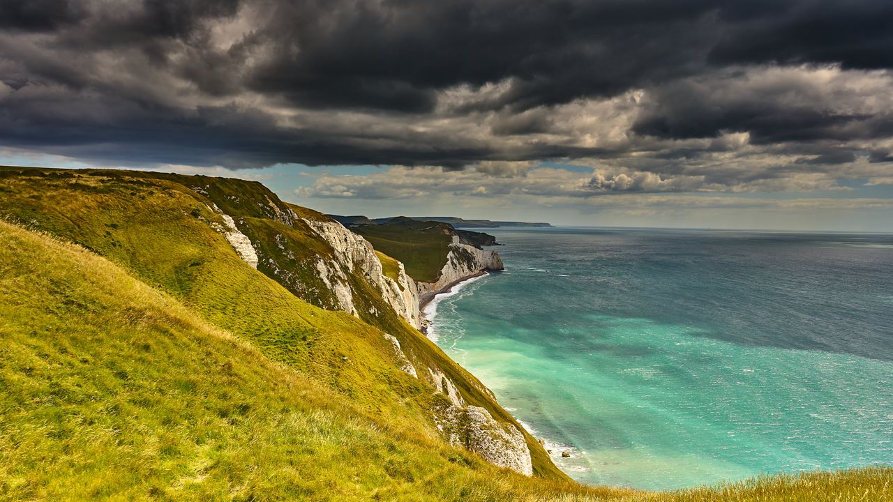 Wallpaper coast, cliff, rocks, sea, grass