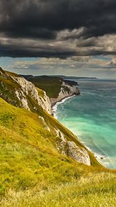 Preview wallpaper coast, cliff, rocks, sea, grass