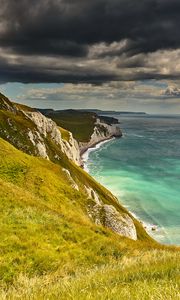 Preview wallpaper coast, cliff, rocks, sea, grass