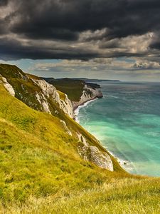 Preview wallpaper coast, cliff, rocks, sea, grass