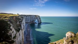 Preview wallpaper coast, cliff, rocks, sea, summer, landscape