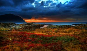 Preview wallpaper coast, decline, evening, mountains, vegetation, multi-colored, variety, colors, contrast, brightly