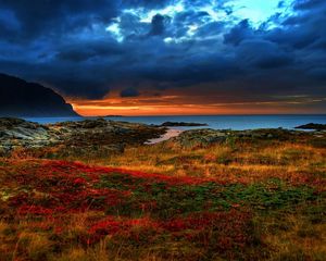 Preview wallpaper coast, decline, evening, mountains, vegetation, multi-colored, variety, colors, contrast, brightly