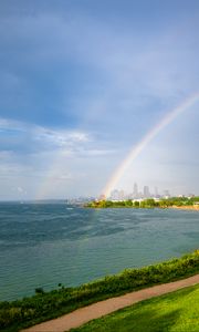 Preview wallpaper coast, field, water, rainbow, landscape