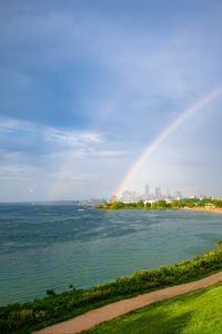 Preview wallpaper coast, field, water, rainbow, landscape