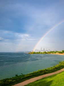 Preview wallpaper coast, field, water, rainbow, landscape