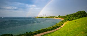 Preview wallpaper coast, field, water, rainbow, landscape