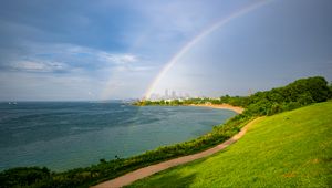 Preview wallpaper coast, field, water, rainbow, landscape