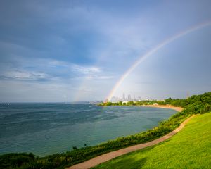Preview wallpaper coast, field, water, rainbow, landscape