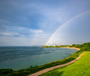 Preview wallpaper coast, field, water, rainbow, landscape