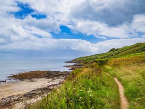 Preview wallpaper coast, grass, sea, landscape, nature, clouds