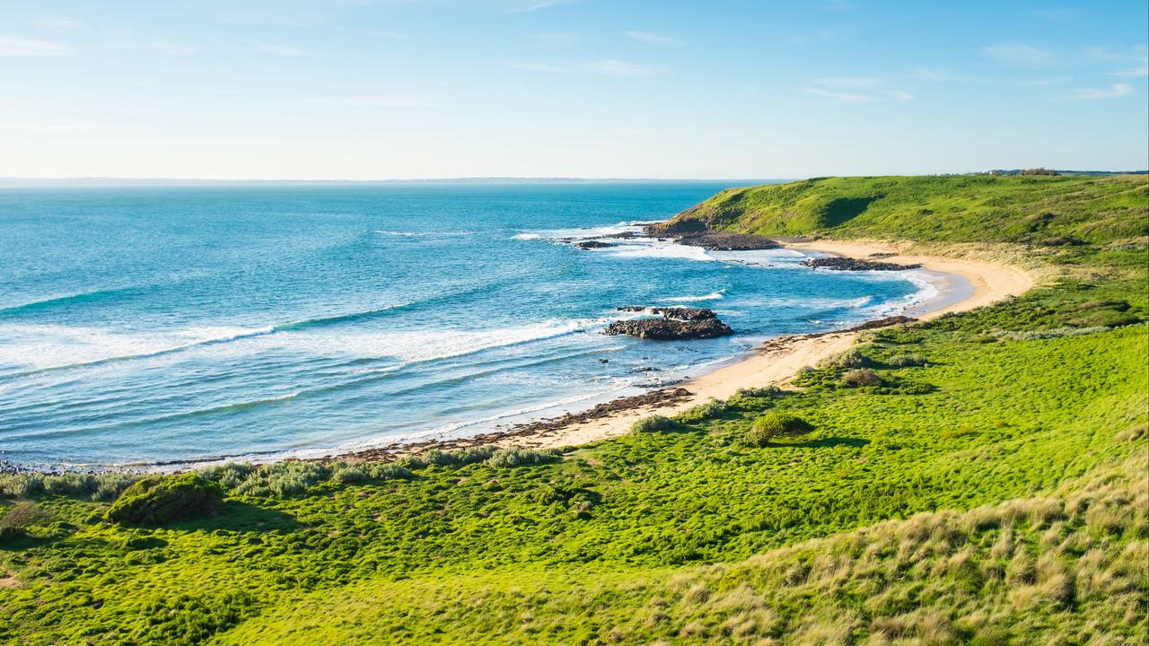 Wallpaper coast, grass, sea, stone