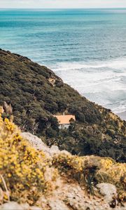 Preview wallpaper coast, house, aerial view, sea, hill, forest