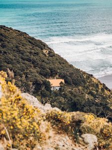 Preview wallpaper coast, house, aerial view, sea, hill, forest