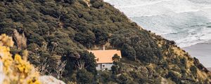 Preview wallpaper coast, house, aerial view, sea, hill, forest