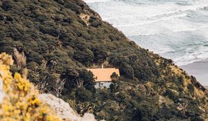 Preview wallpaper coast, house, aerial view, sea, hill, forest