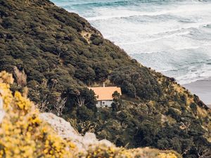 Preview wallpaper coast, house, aerial view, sea, hill, forest