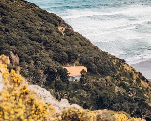 Preview wallpaper coast, house, aerial view, sea, hill, forest