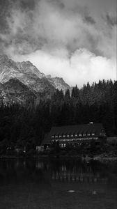 Preview wallpaper coast, house, mountains, trees, landscape, black-and-white