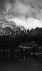 Preview wallpaper coast, house, mountains, trees, landscape, black-and-white