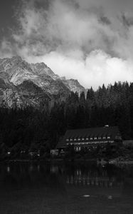 Preview wallpaper coast, house, mountains, trees, landscape, black-and-white