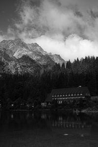 Preview wallpaper coast, house, mountains, trees, landscape, black-and-white