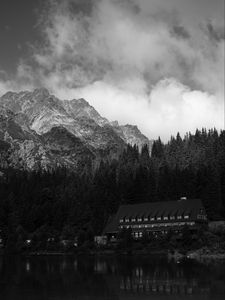 Preview wallpaper coast, house, mountains, trees, landscape, black-and-white