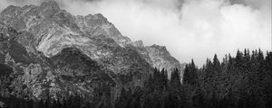 Preview wallpaper coast, house, mountains, trees, landscape, black-and-white