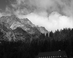 Preview wallpaper coast, house, mountains, trees, landscape, black-and-white