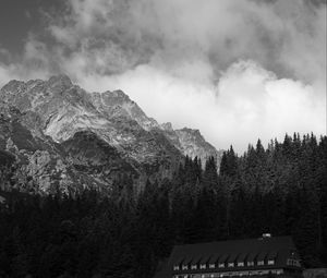 Preview wallpaper coast, house, mountains, trees, landscape, black-and-white