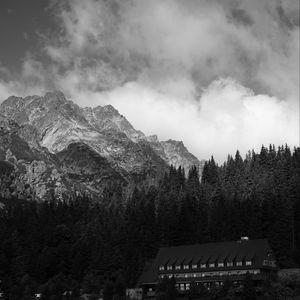 Preview wallpaper coast, house, mountains, trees, landscape, black-and-white