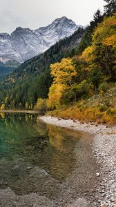 Preview wallpaper coast, lake, mountains, forest, landscape, autumn