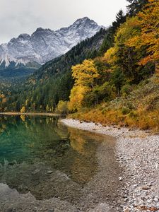 Preview wallpaper coast, lake, mountains, forest, landscape, autumn