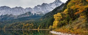 Preview wallpaper coast, lake, mountains, forest, landscape, autumn